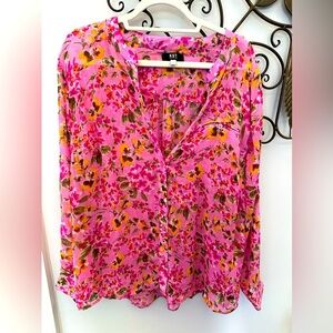 KUT FROM THE KLOTH Jasmine Chiffon Shirt - Quartu Bouquet Pink Olive Size 1X